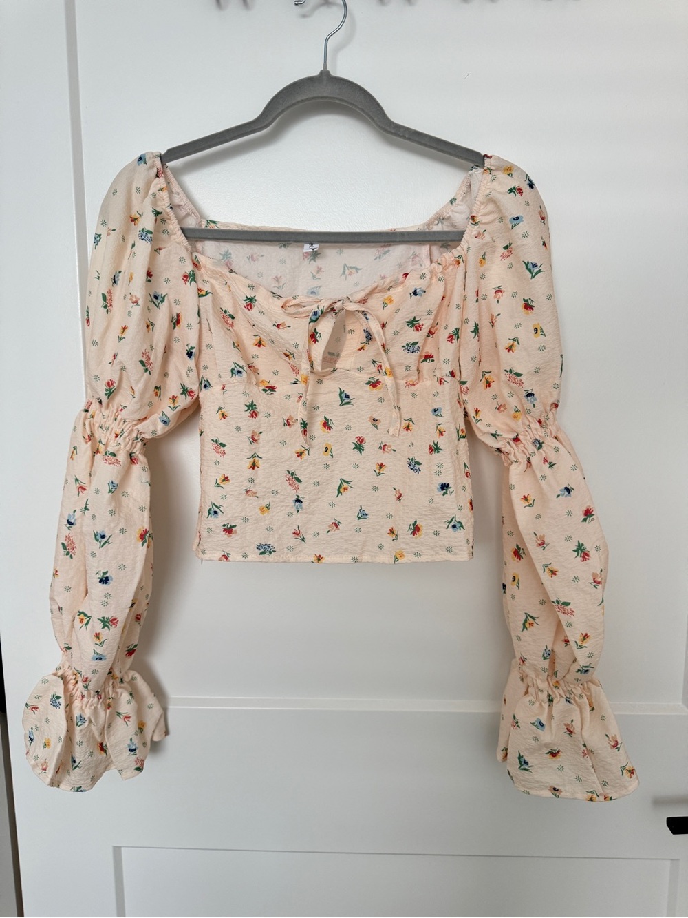 Peach Floral Square-Neck Puff Sleeve Crop Top